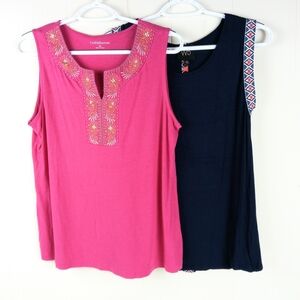 Lot of 2 Summer Tops Women Size M Pink and Navy Embroidered Popover Tank